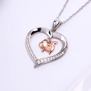 Flying Pig In A Heart With CZ Sterling Silver Necklace 18" Sliding Chain